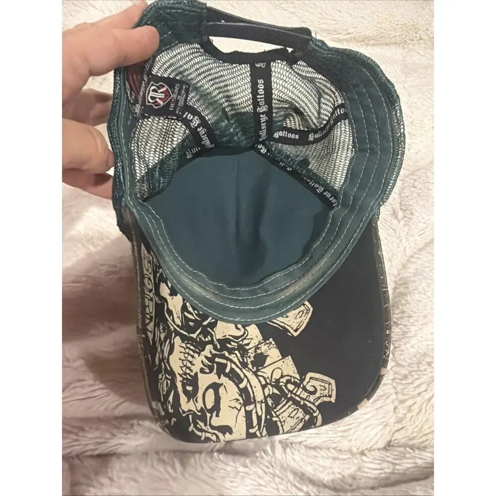 Bullseye Brand Camo Skull Roses Born Lucky Embroidered Hat Rhinestone Biker Y2K